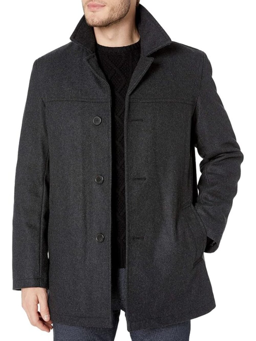 Tommy Hilfiger Men's Single Breast Wool Melton Walking Coat in Black Gray Size S